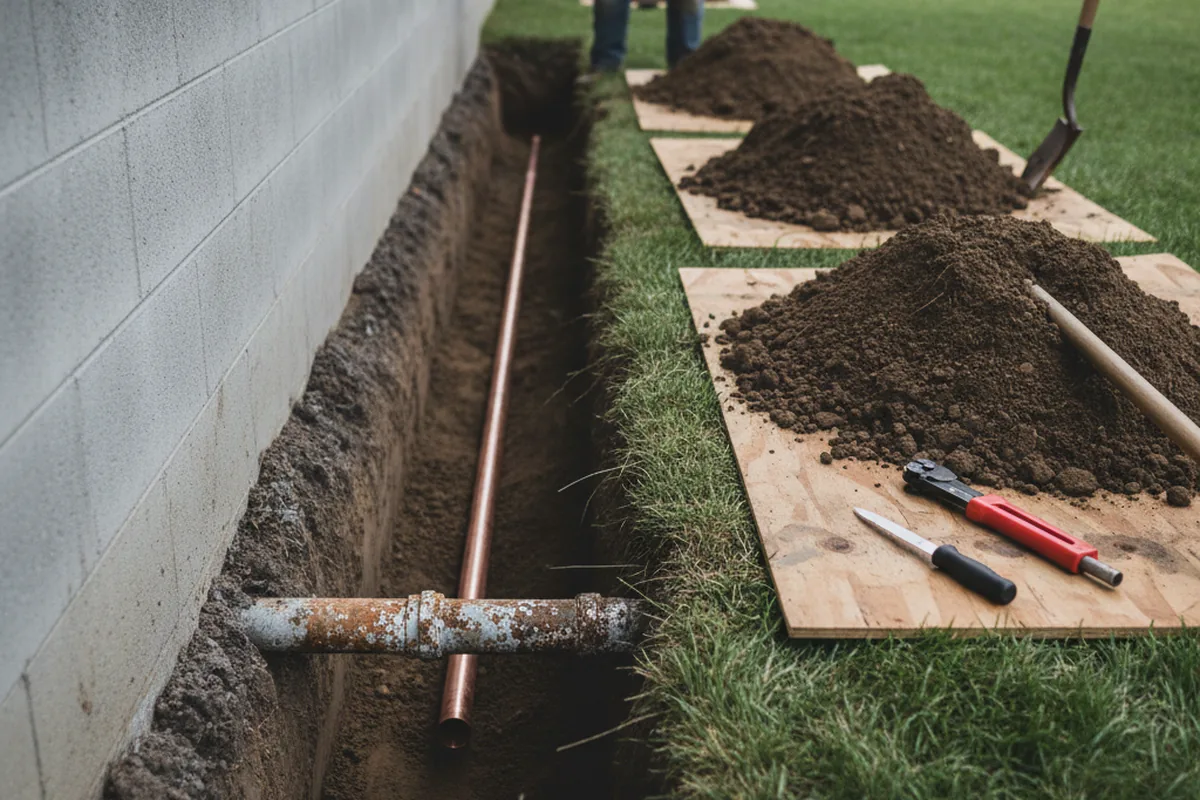 Excavated water line trench during Sewer Line Repair in North Miami